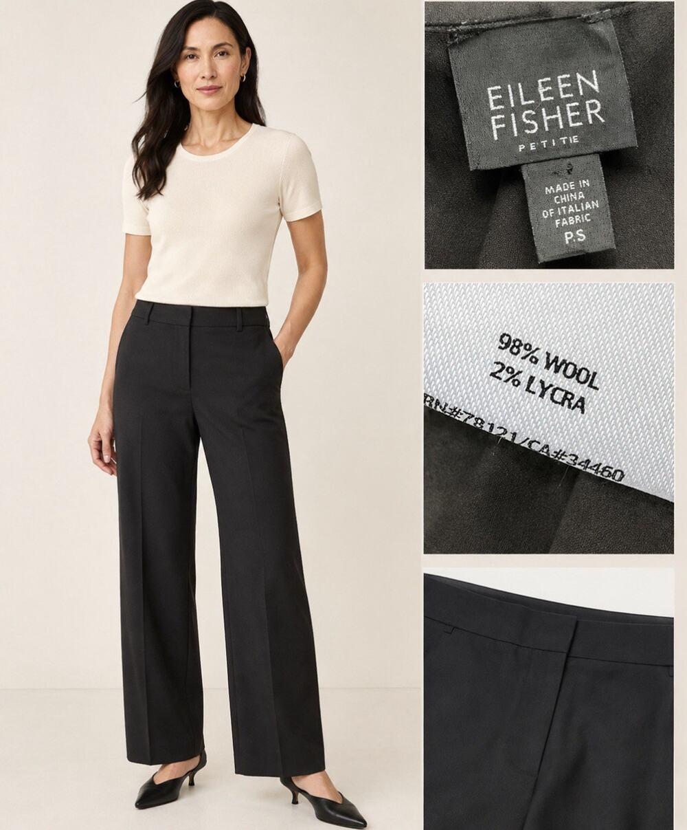 Old Money Classic Eileen Fisher Petite straight Leg Wool Trousers Size PM Black